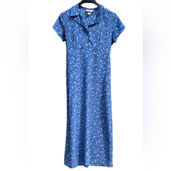 Vintage 90’s Jody California Floral Blue Maxi Dress Button Up Short Sleeve - Picture 1 of 13